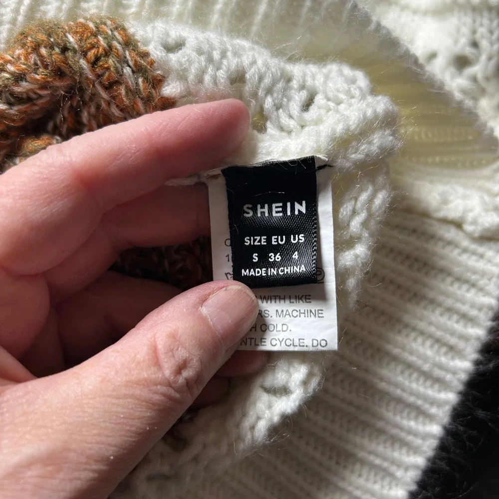 Womens Striped Open‎ Knit Sweater Boho Rust Brown White Size S Small 0502